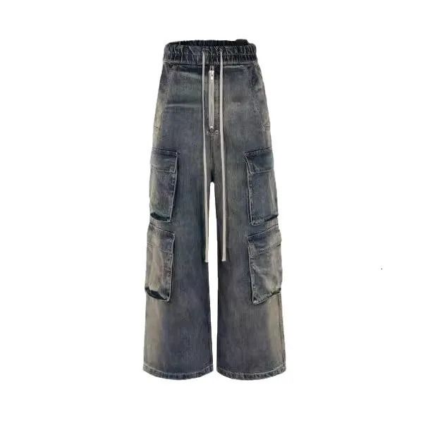 Wash Gradient Blue Multi Pocket Cargo Pants Mens Fashion Street Wide Leg Jeans Haruku Trousers240807
