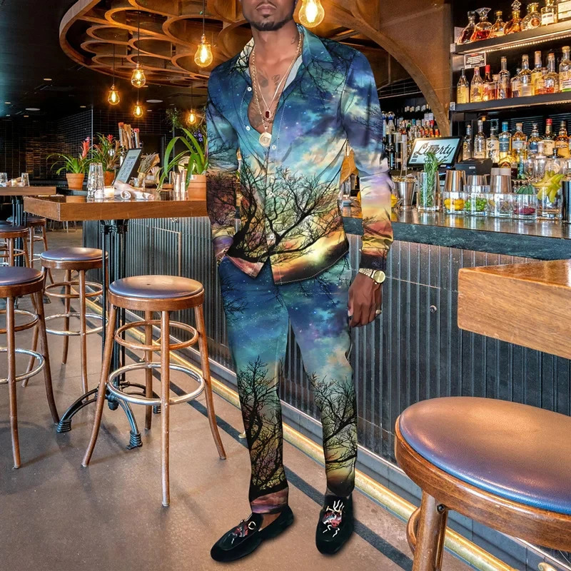 Fashion Mens Casual Sportswear 3D Printed Flower Pattern Breathable Mens Lapel Long Sleeve Shirt Long Pants Two Piece Set 240813