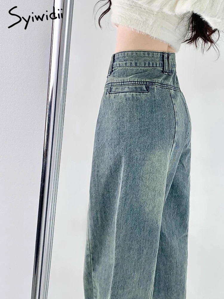 Syiwidii Jeans for Women Vintage Pleated Chic Casual Denim Pants Fashion Streetwear Loose Straight High Waist Jeans 240807