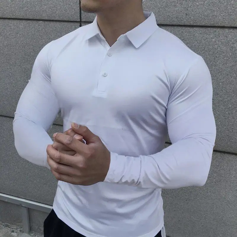 Korean Autumn Casual Fitness Polo Shirt Men Solid Button Slim Elastic Versatile Sports Breathable Quick Drying Long Sleeved Tops 240814