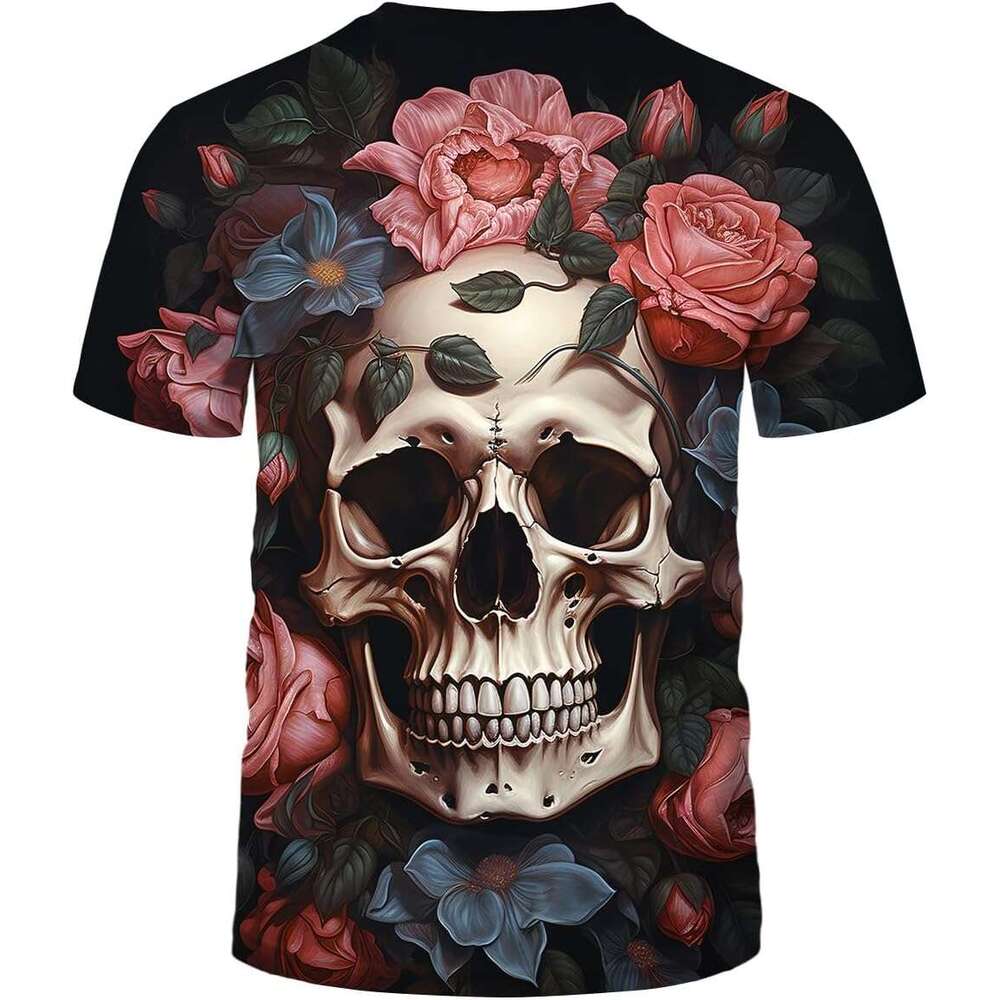 Halloween Mens T shirt Psychedelic Rose Skull Print Shirt T-Shirts Gothic Skeleton Graphic Short Sleeved tshirt graphic tee Casual tops summer clothes