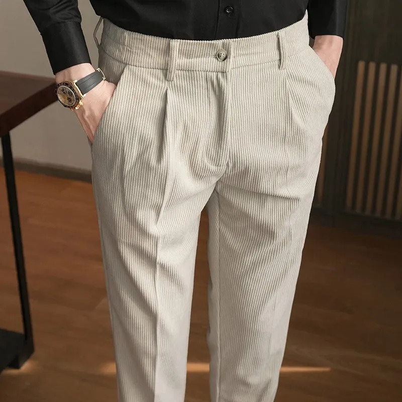 Men Corduroy Elasticity Solid Casual Pencil Pants Autumn Winter Fashion Regular Business Straight Suit Trousers Brown Blue Khaki 240806