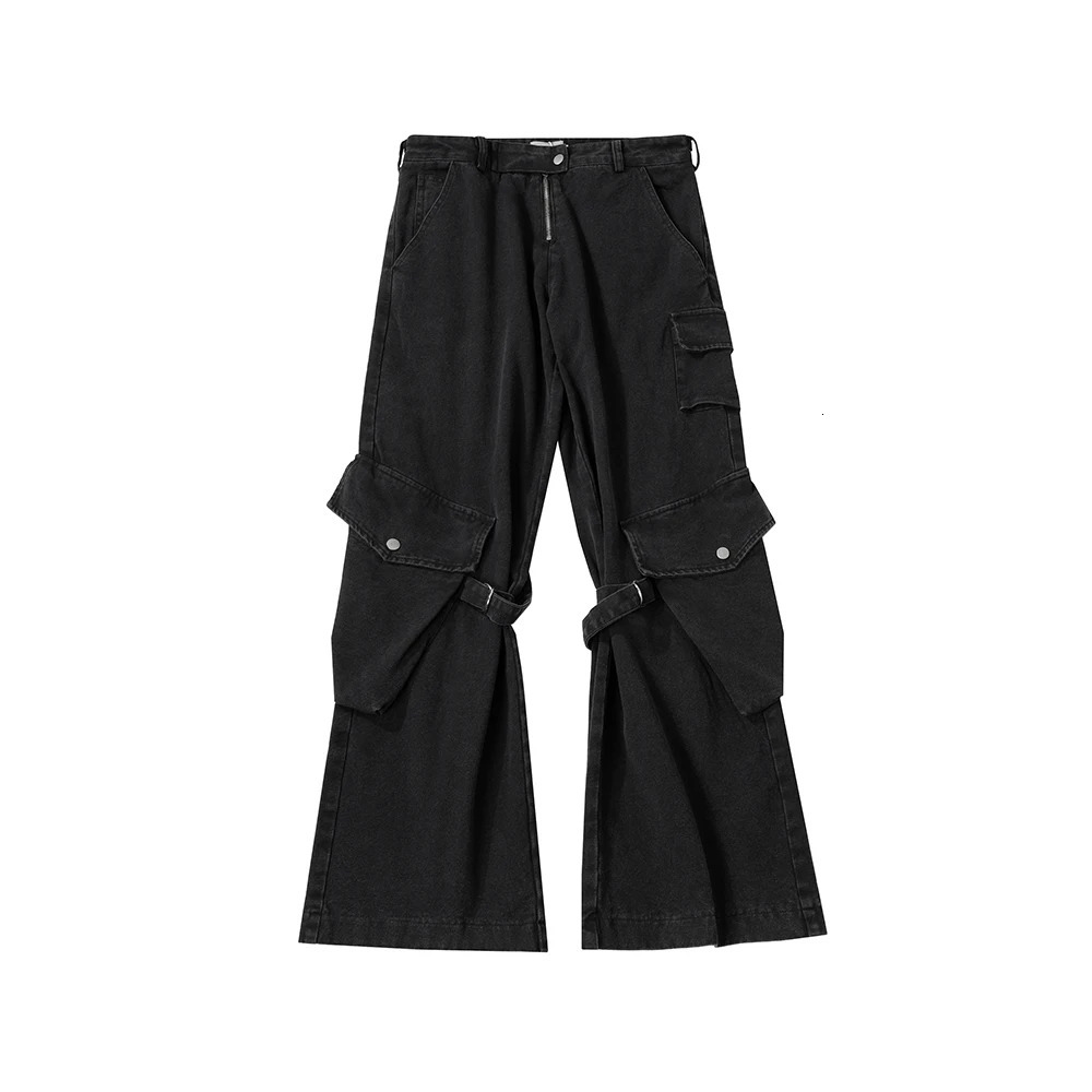 Locomotive Style Tie Washed Baggy Cargo Pants Men and Women Streetwear Y2k Pantalones Hombre Black Overalls Oversized Trousers 240806