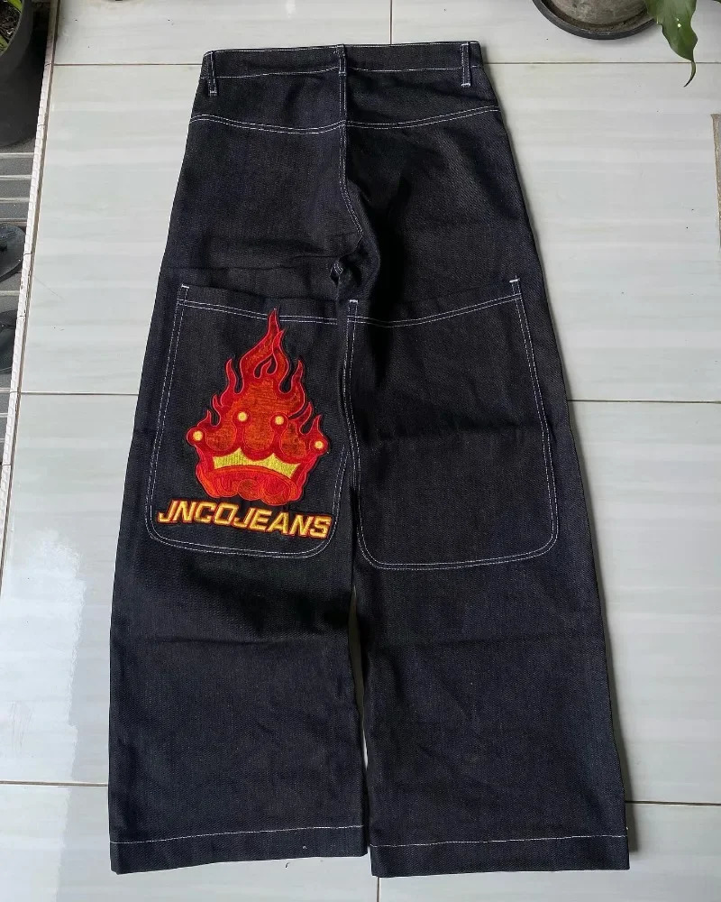 Y2K JNCO high quality Embroidered Hip Hop baggy jeans Tribal Jeans Gothic Streetwear Haruku Black Pants Waist Wide Leg Trouser 240806