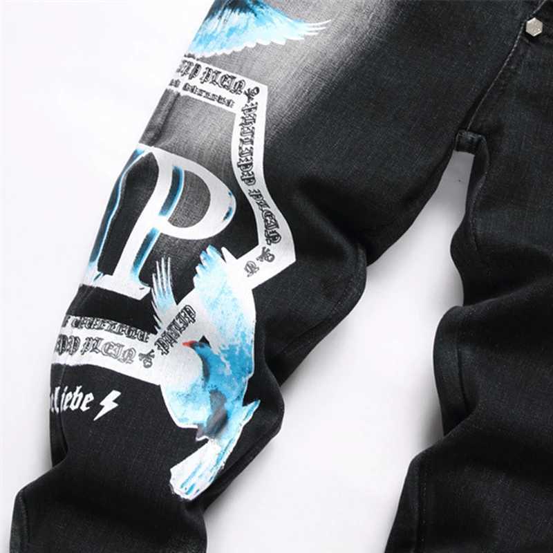Mens Black Jeans 2024 new Fashion Letter Print Mid-Waist Casual Pants Street Trend Stretch Casual Denim PantsM240803