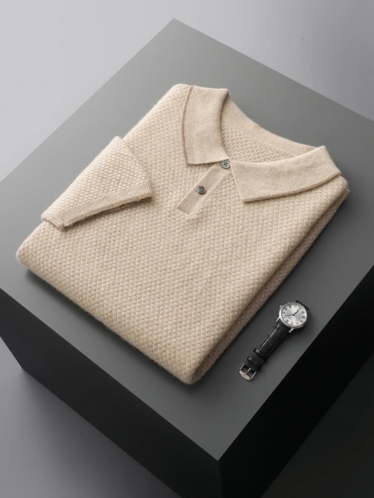 High quality spring and summer 100 pure cashmere mens sweater POLO collar knitted floral youth casual top short sleeved shirt 240807