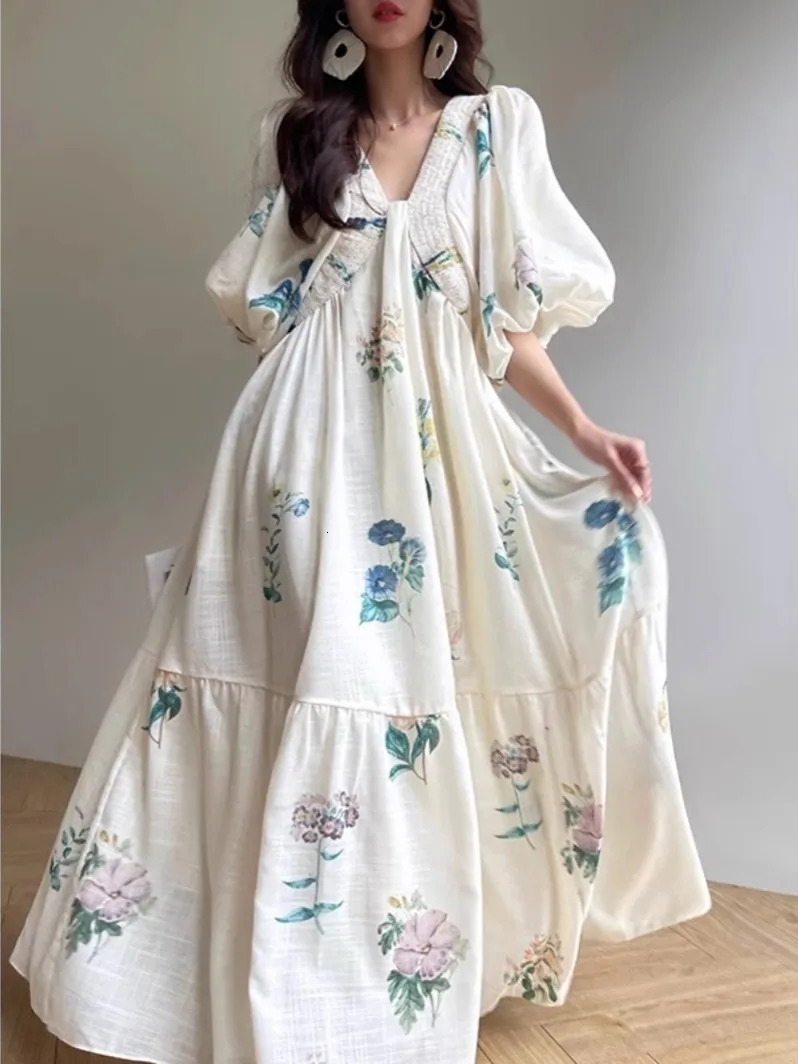 Elegant Print Loose Summer Maxi Dress Women Puff Sleeve Casual V Neck A Line Long Vestidos Female Holiday Lace Up Clothing G575 240807