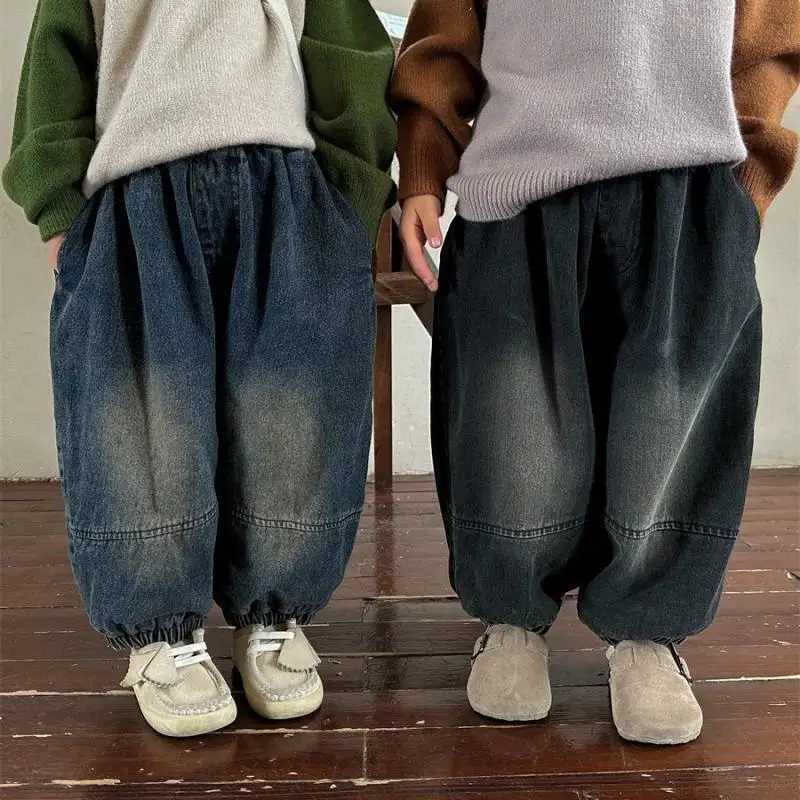 Jeans 1-7 Y Children Fashion Jeans Korean Boy Toddler Wear Girl Denim Wide Legged Trousers 2024 Spring New Girl Retro Lantern Pants