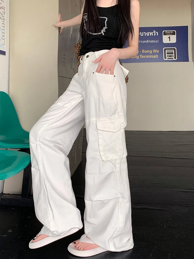 Cyber Y2K Fashion White Pleated Baggy Jeans Cargo Pants Women Clothes Multi Pockets Straight Wide Leg Lady Trousers 240807