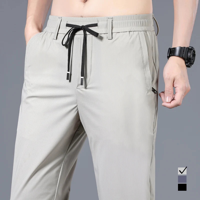 High Elastic Mens Pants Summer Thin Striped Straight Trousers Casual Soft Classic Solid Color Baggy Male Clothes Business Pant 240806