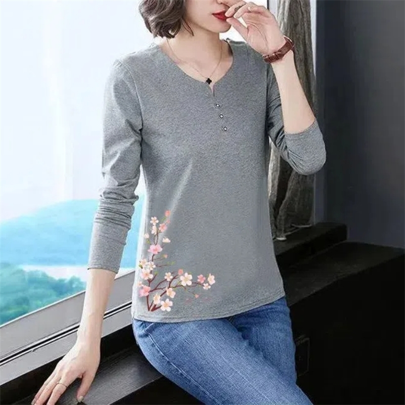 Womens Clothing Spring Autumn Plant Flowers Printing Pullover Geometric Round Neck Long Sleeve T-shirt Flattering Korean Tops 240806