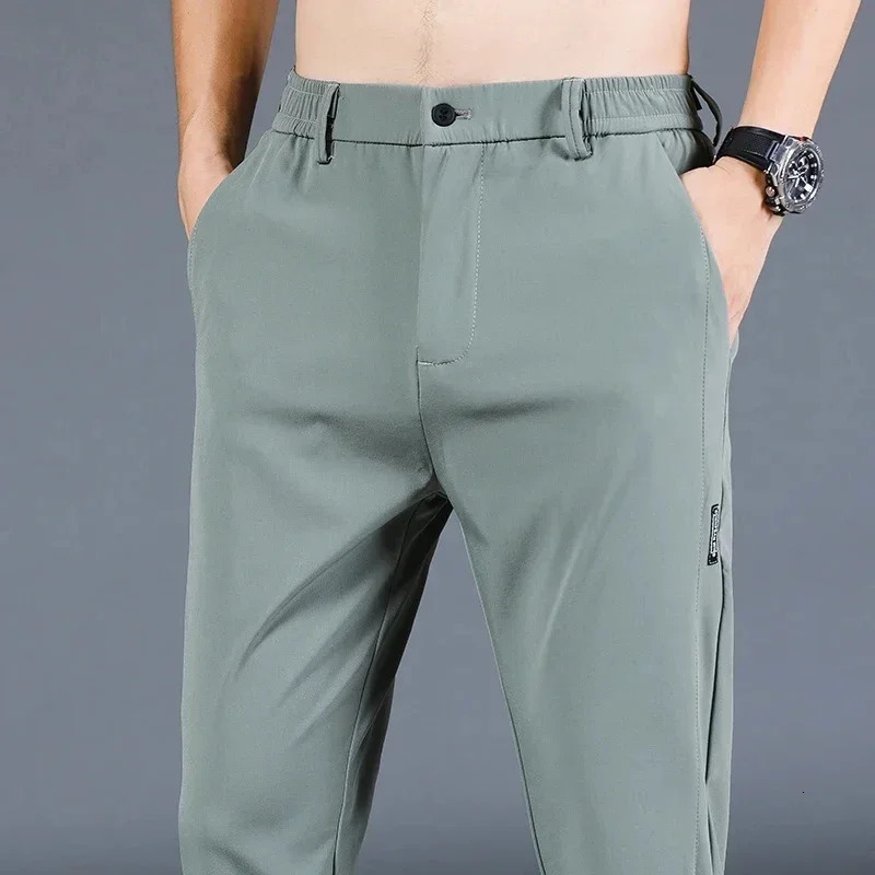 Summer Thin Mens Loose Casual Pants Korean Style Stretch Straight Slim Fit Comfortable Business Trousers Army Green 240806