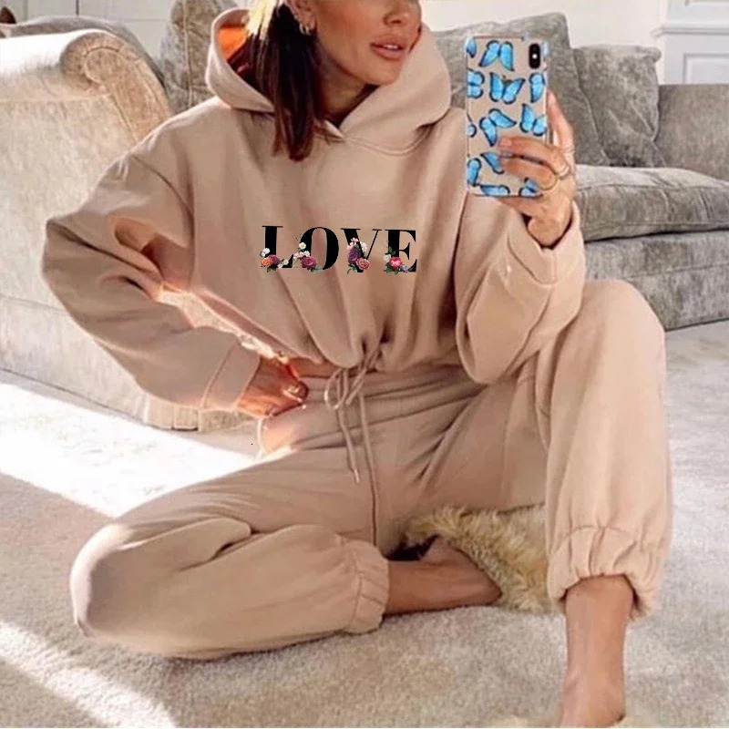 Womens 2 Pieces Suit Drawstring Short Sweatshirts Hooded Print Pullover Tracksuit Set Casual Sweatpants Sports Home Clothing 240807