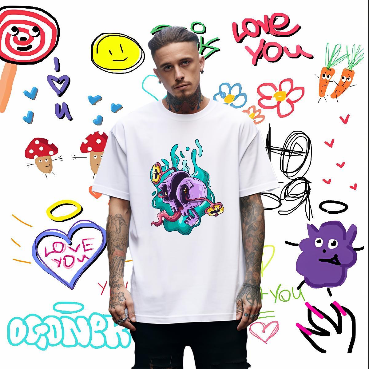 Casual New T Shirts Men skull Polos 230g Pure Cotton Outdoor Designer DIY Printed Short Sleeve O-Neck Men Tshirts