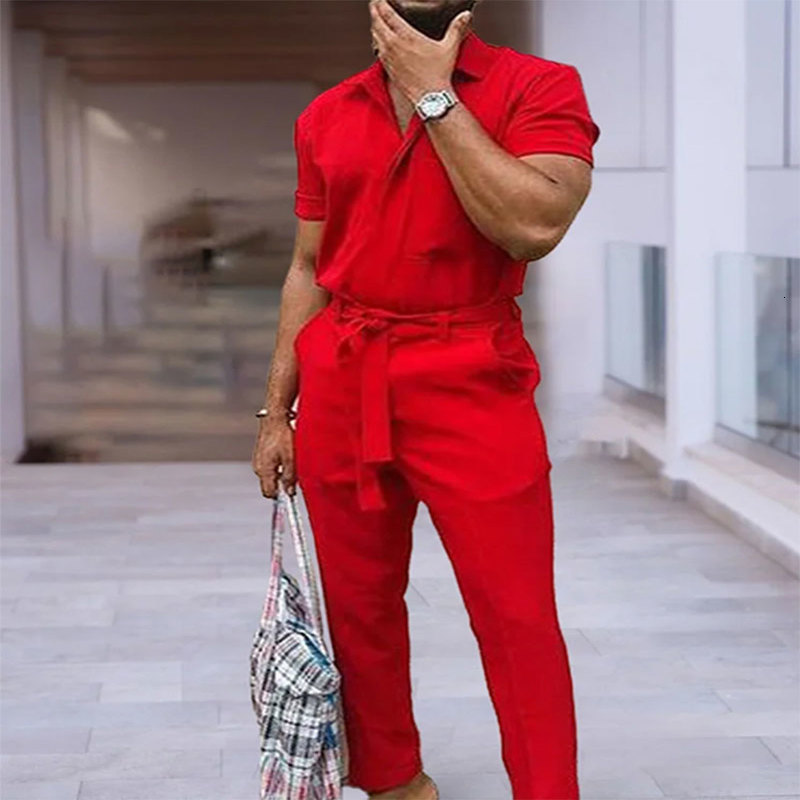 Mens Shirt Pants Set Casual Plain Short Sleeve Polo Shirt Pants 2Pcs Set 240806