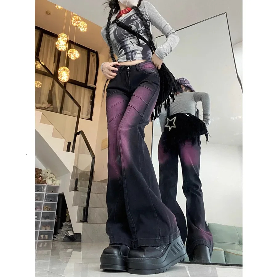 Purple Tie Dye Gradient Women Jeans with Flare Pant Slight Bootcut Bell Bottom Denim Pants y2k high waist fashion elegant cloth 240807