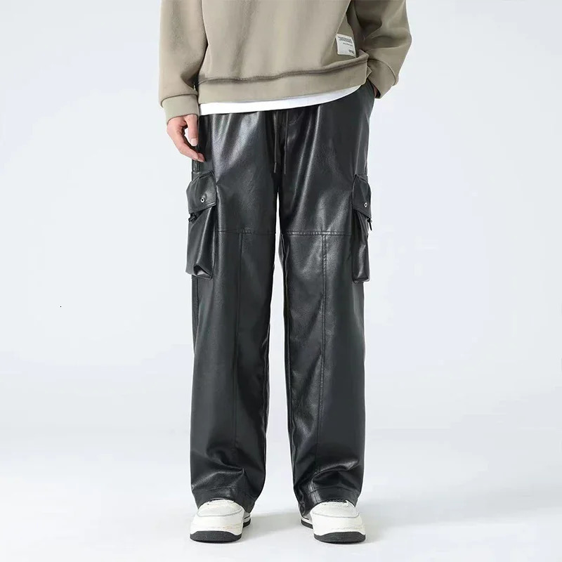 Black Matte Faux Leather Men Chic Laceup Cargo Pant Male Splicing PU Casual Straight Trousers With Pocket Party Clubwear Custom 240806