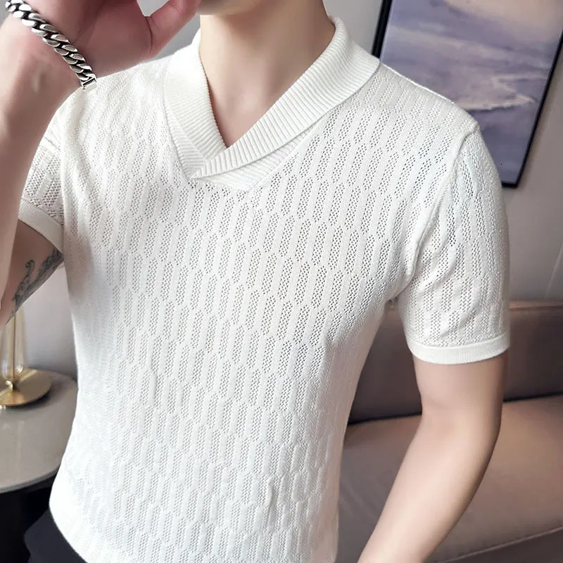 Summer slim fit fitness elastic Tshirt mens tee top ice silk short sleeved Vneck knitted solid color S3XL 240807