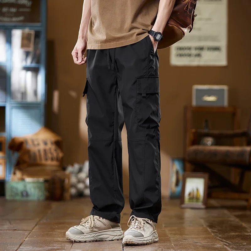 Summer Thin Mens Cargo Pants Baggy Straight Multipocket Design Drawstring Elastic Waist Outdoor Jogging Hiking Trousers Male 240806