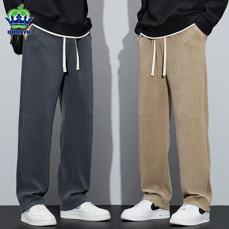 Autumn Winter Soft Stretch Stripe Corduroy Pants Men Thick Elastic Waist Korea Baggy Straight Work Jogger Trousers Male 240806