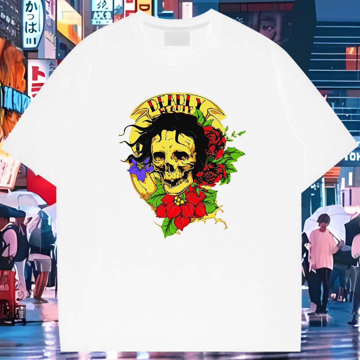 2024 New T-Shirts for Men skull Tee Shirt 230g Pure Cotton Street wear Hip Hop Unisex DIY Printed O-Neck Short Sleeve Couples T Shirts