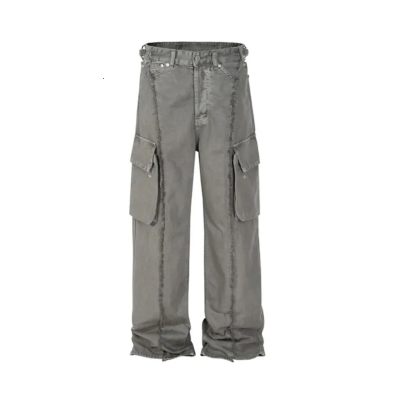 PFNW Functional Style Mens Pants Tassel Wornout Washed Straight Big Pockets Loose Wide Leg Male Cargo Bottom 12C612 240806