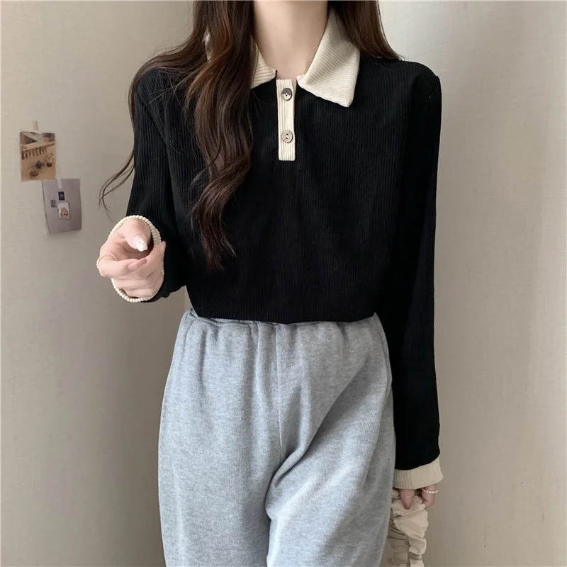 Women Polo Collar Long Sleeve T-shirt Loose Slimming Fashion Versatile Color Block Top Underwear Small Shirt 240806