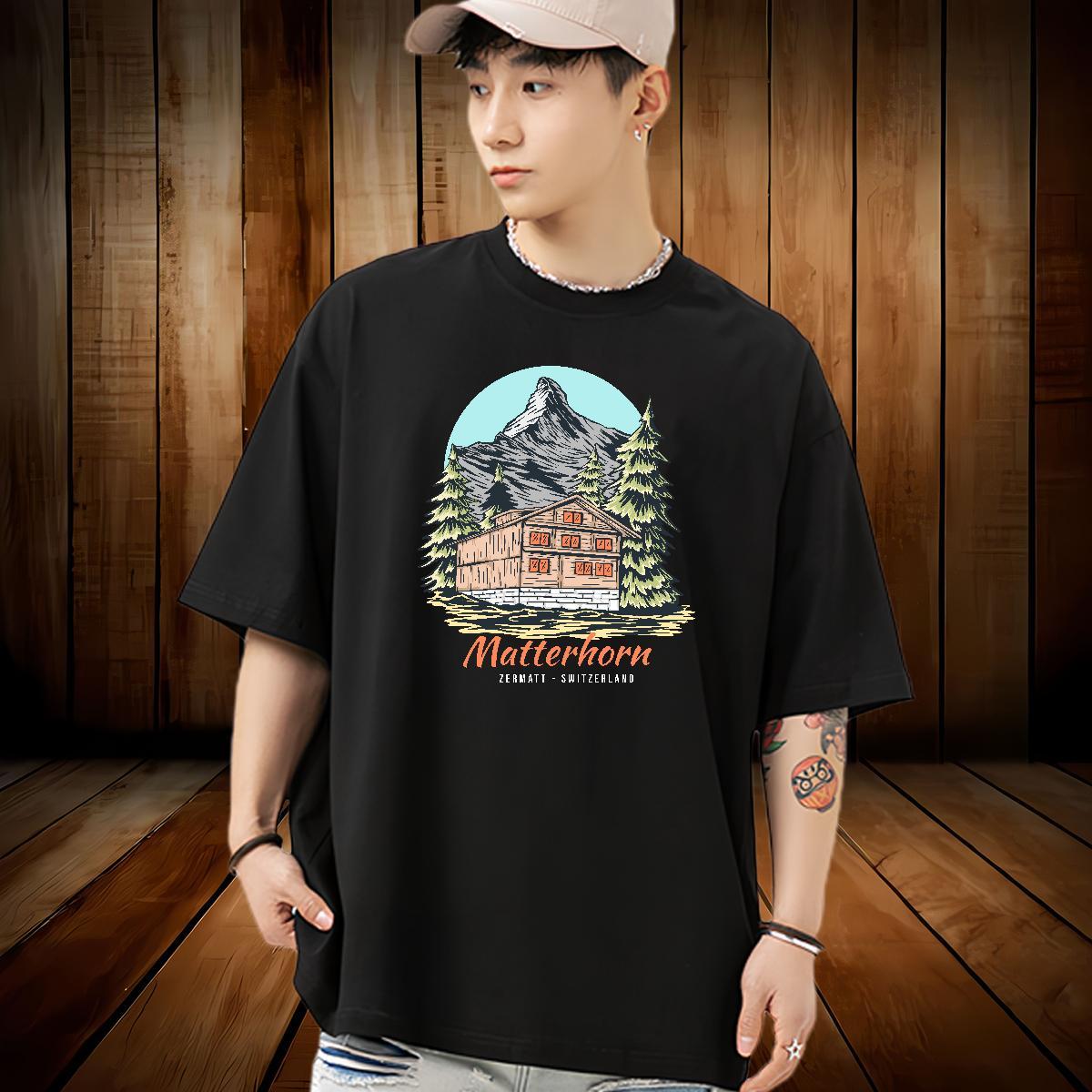 2024 DIY T Shirt For Man mountains Tops Shirt 230g Pure Cotton Daily Wear Soft Oversized 4XL Short Sleeve Soft Tshirts