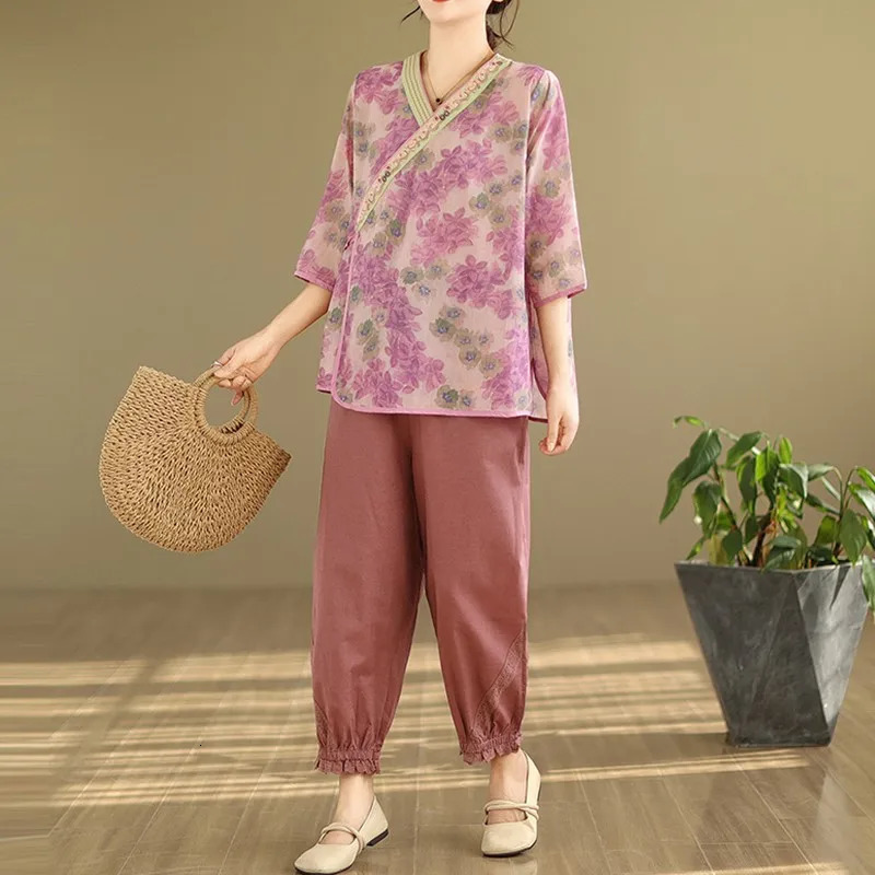 2 Piece Sets Women Casual Pant Suits Arrival Summer Chinese Style Vintage Print Loose Female Tops And Harem Pants B3815 240807