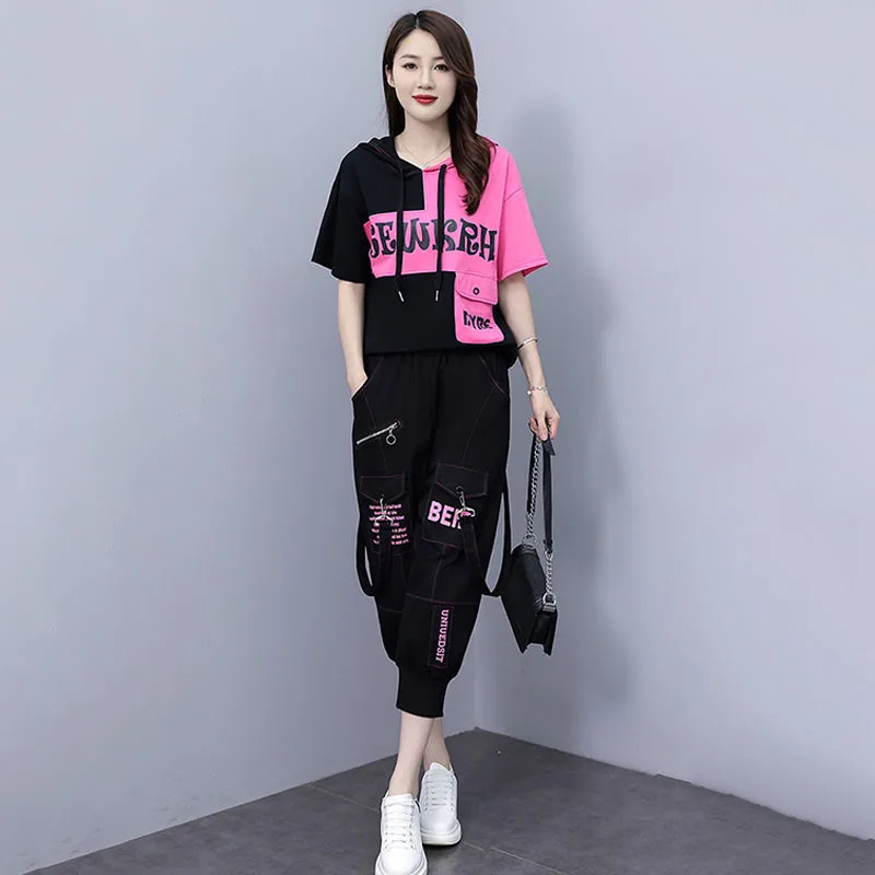 Fashion Casual Suit Female Summer Print Hooded Short Sleeve Top Casual Haren Pants Fashion Trend Sports Suit 240807