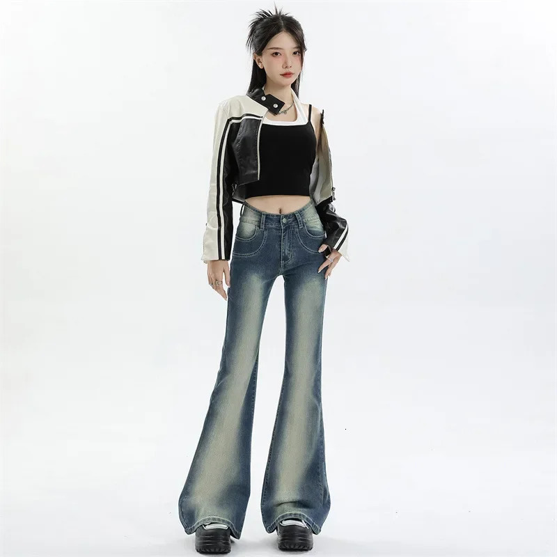 Vintage Gradient Micro Flared Jeans Womens Autumn Style American Street Horse Riding Pants Slimming Bell Bottom Pants 240807