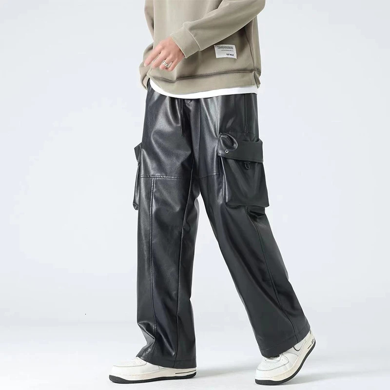 Mens Black Matte Faux Leather Laceup Cargo Pants Male Chic Casual Entertainment Splicing PU Straight Trousers Custom 240806
