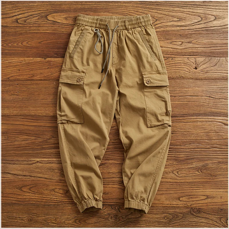 Multipocket work dress foot pants mens casual stretch garment washed to make old loose trend elastic waist Haren 240806