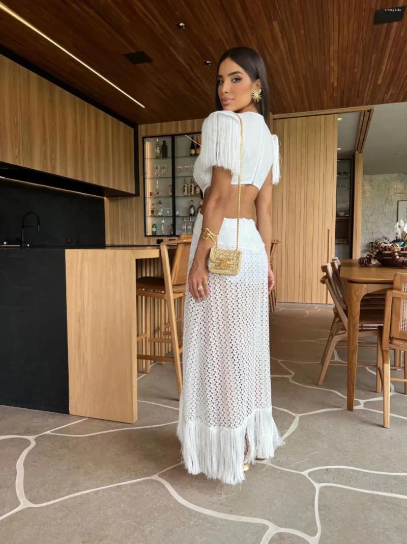 Casual Dresses Sexy White Lace Women Dress Fringe V Neck Tassel Sleeve Slim Naked Waist Hollow Out Short Summer Beach Female
