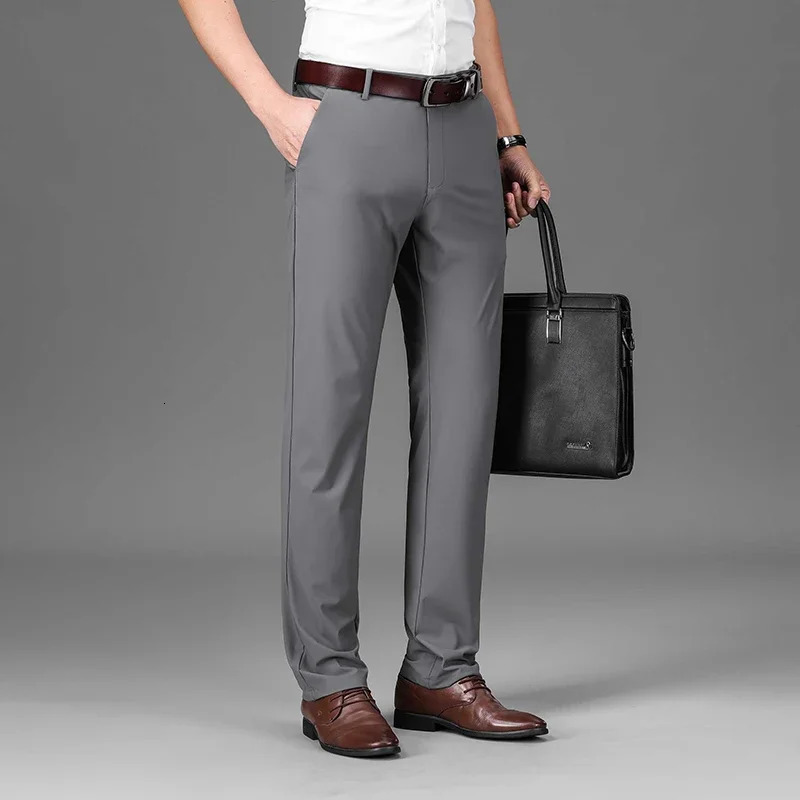 Summer Casual Mens Ultrathin Elastic Formal Office Straight Trousers Male Ice Silk High Stretch Business Suit Pants Plus Size 240806