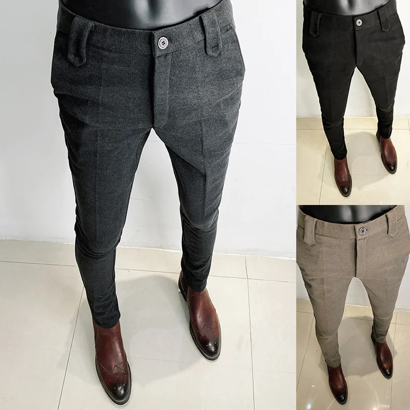 Autumn Winter Thickened Suit Pants Men Casual Slim Fit Straight Trousers Formal Business Woolen Cloth Social Office Dress 240806