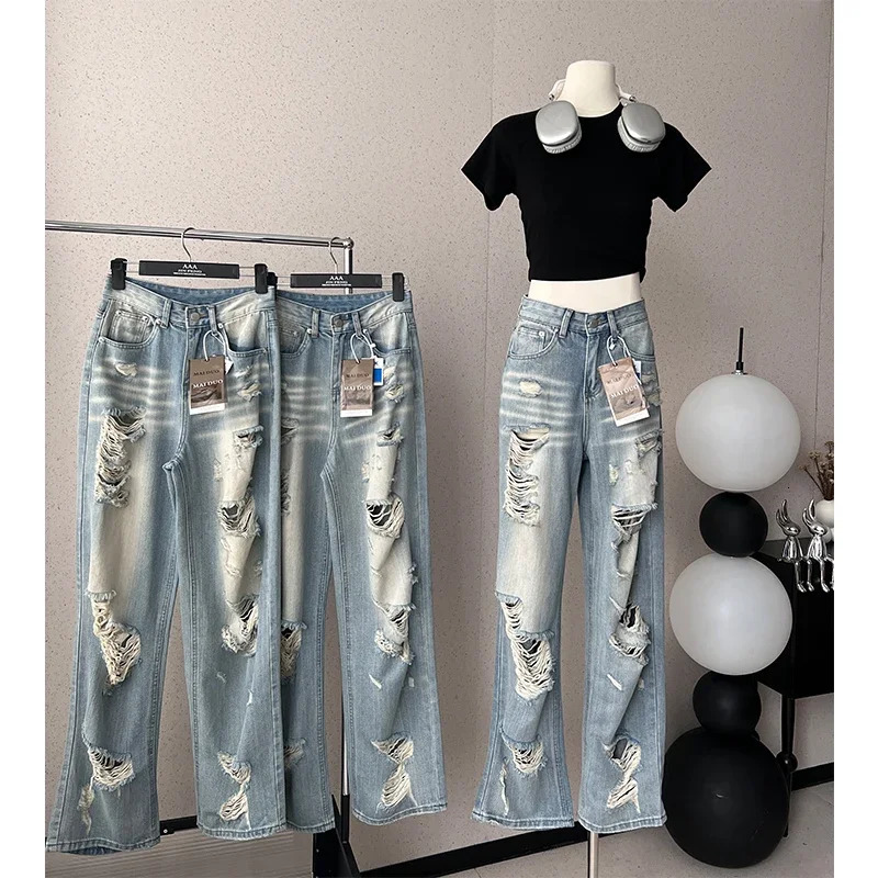 Womens Y2k Ripped Jeans Harajuku 90s Aesthetic Baggy Denim Trousers Vintage Jean Pants Japanese 2000s Style Trashy Clothes 240807
