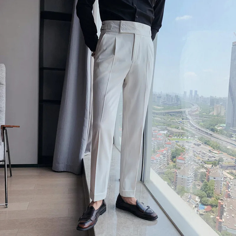 British style autumn solid high waisted mens formal pants highquality slim fit business casual suit for men 240816