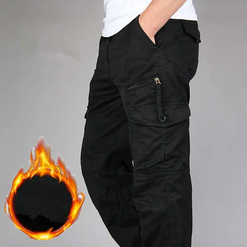 Winter Fleece Lining Cargo Pants Men Thick Warm Baggy Cotton Double Layer Long Trousers Tactical Size M3XL 240806