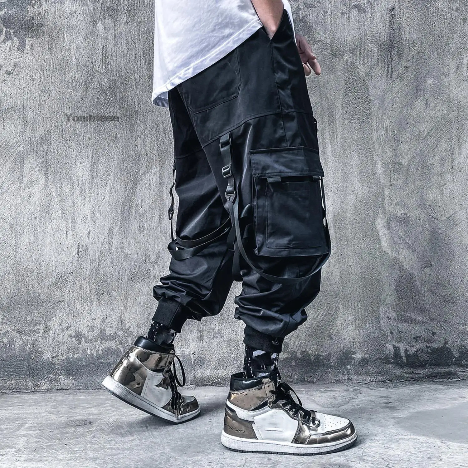 Mens Ribbon Straps Studded Techwear Jogger Punk Ankle Cargo Pants Black 240806