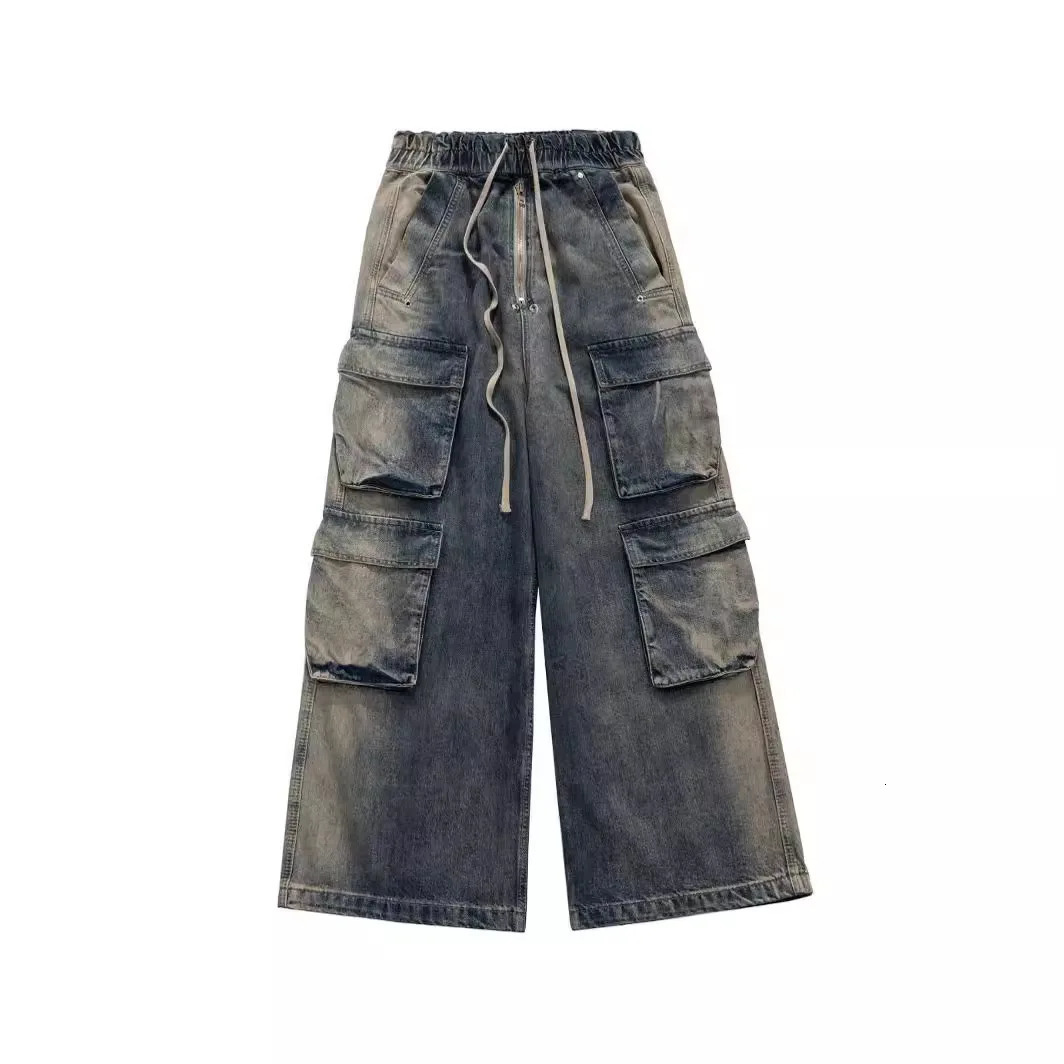 Wash Gradient Blue Multi Pocket Cargo Pants Mens Fashion Street Wide Leg Jeans Haruku Trousers240807