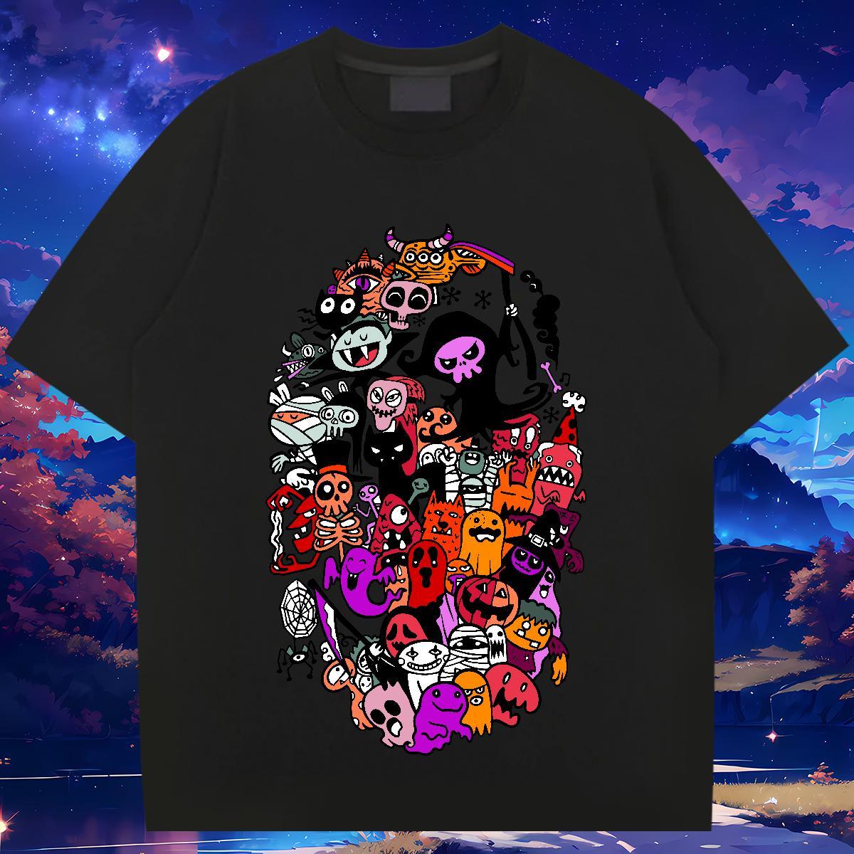 2024 New T-Shirts skull Wear 100% Cotton 230g Casual Beach Popular Floral Print Round Neck Short Sleeve Tshirt for Man Woman