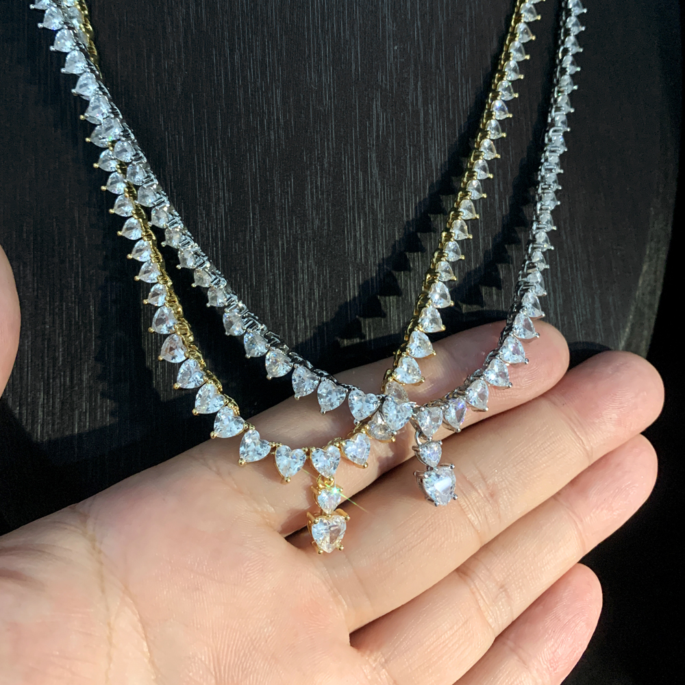 Tennis Chain Necklace: Prong Set White Heart CZ, Iced Out, Bg