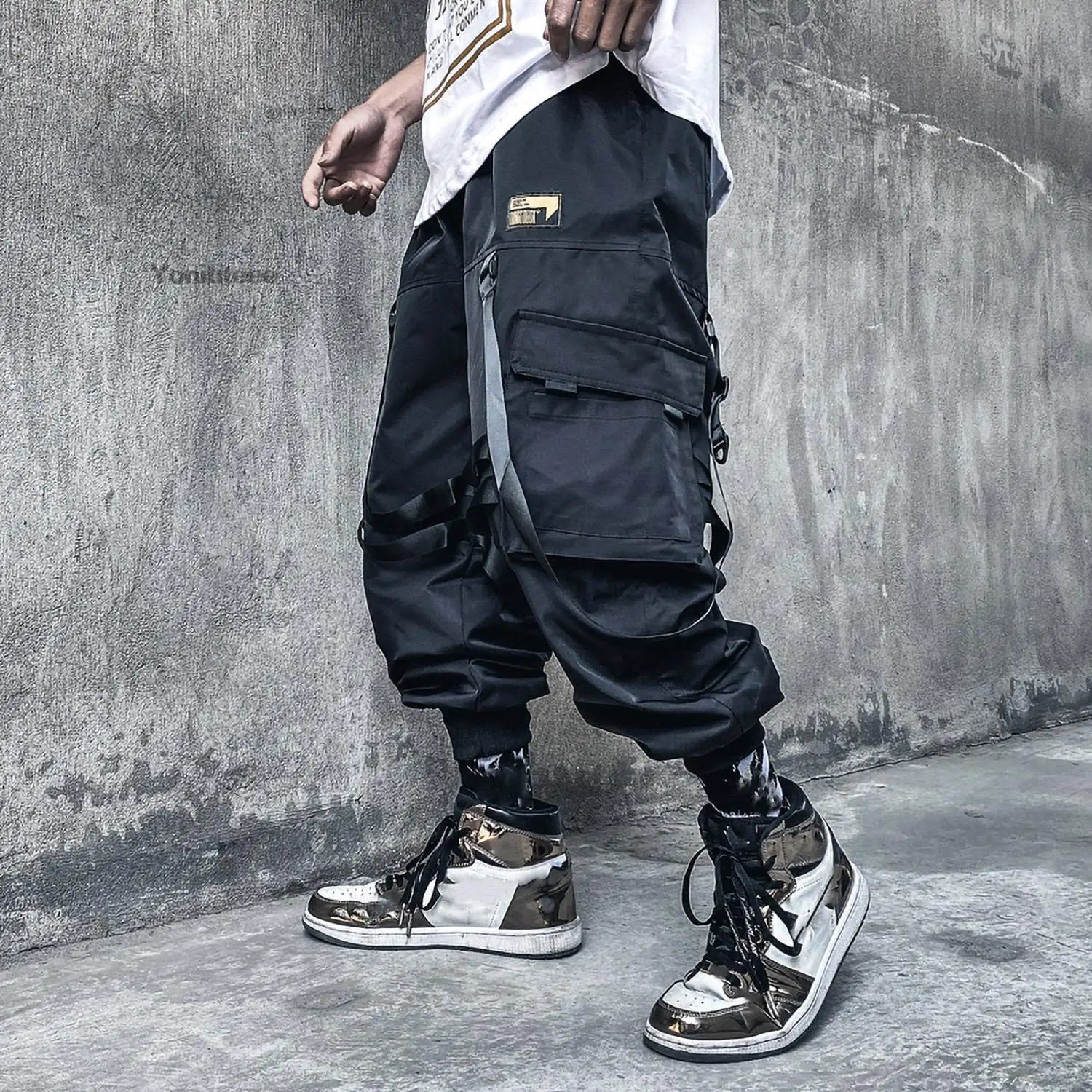 Mens Ribbon Straps Studded Techwear Jogger Punk Ankle Cargo Pants Black 240806