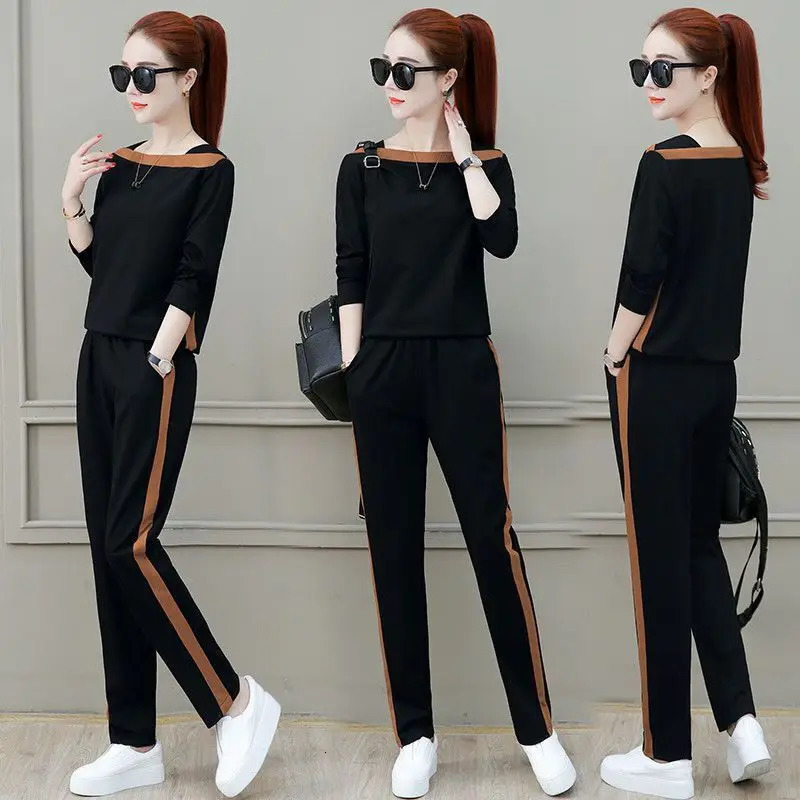 Spring and Autumn Korean Long Sleeve Casual Sports Suit Western Relaxed Slim Pants Elegant Womens Two Piece Set 240807