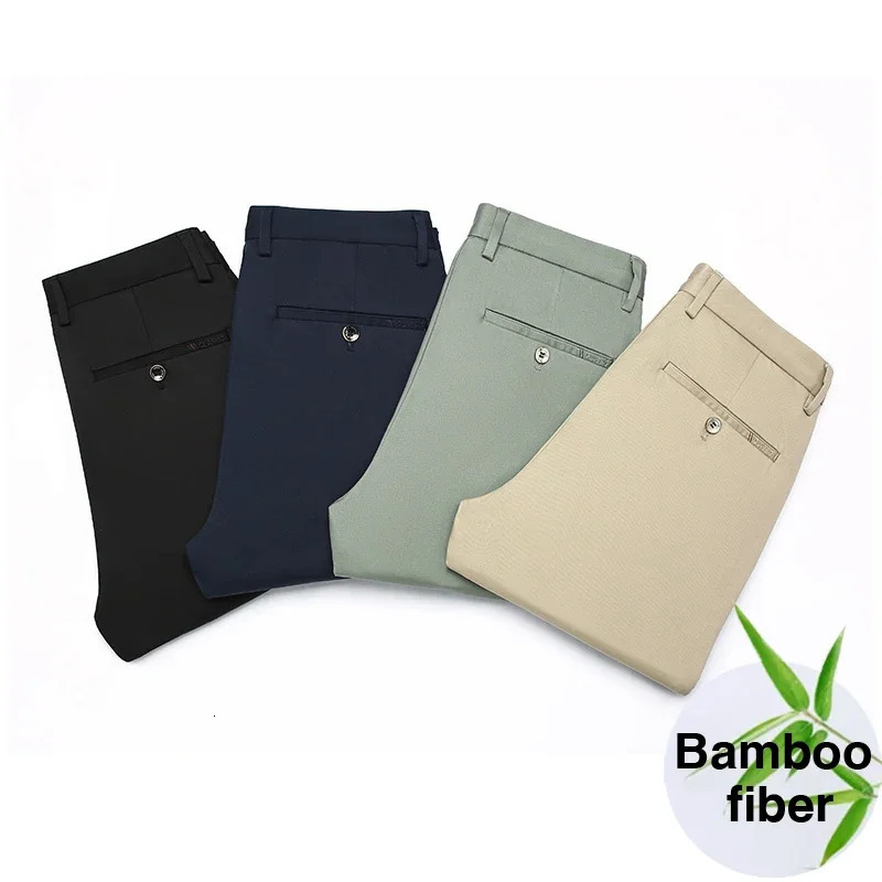 Mens Bamboo Fiber Casual Pants Spring Classic Business Fashion Khaki Stretch Cotton Trousers Male Clothes 240806