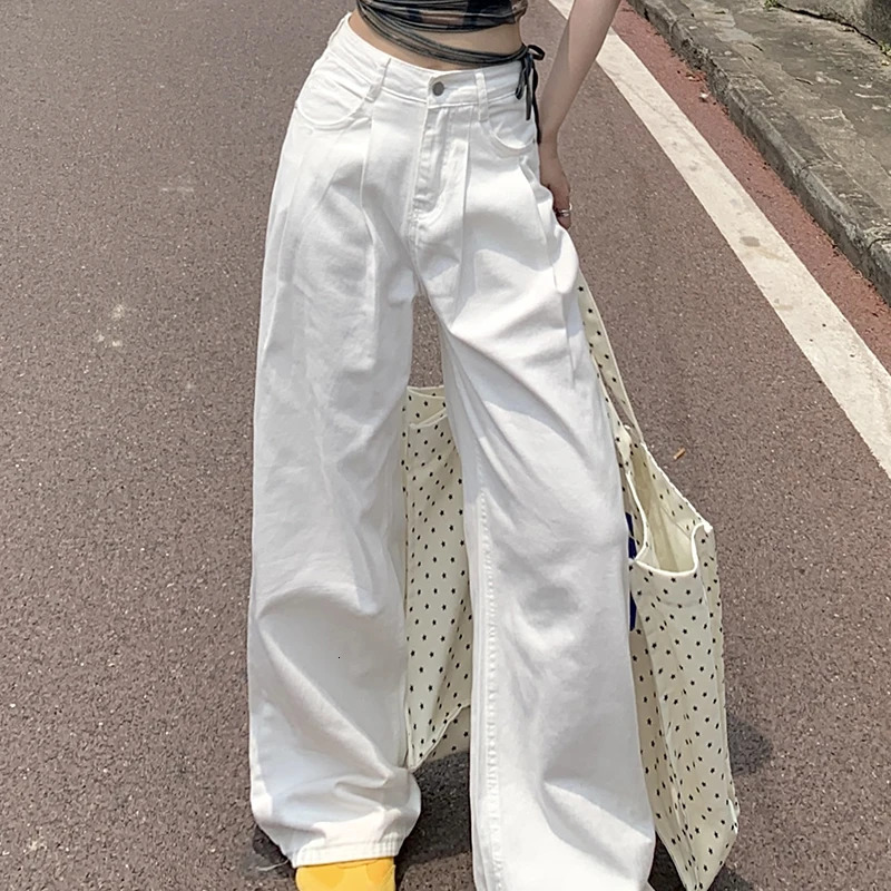 White Pleated High Waisted Straight Leg Denim Jeans For Women Loose A Drooping Feeling. Instagram Solid Fashion Denim Pants 240807