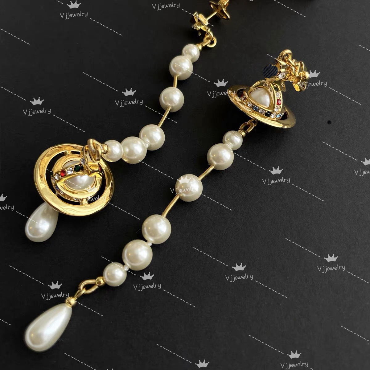 Classic Broken Pearl Necklace Saturn Pendant Earring Viviane Multi-Layered Tassels Saturn Necklace French Planet Tassel Earring Pearl Sweater Chain Jewelry