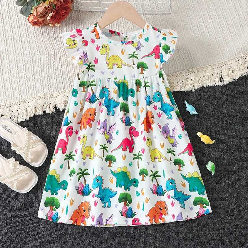 1-6 Year Old Preschool Girl Dinosaur Dress with Folded Sleeves Sundress Little Girl A-Line Summer Soft Dress Casual Fashion SetW240720