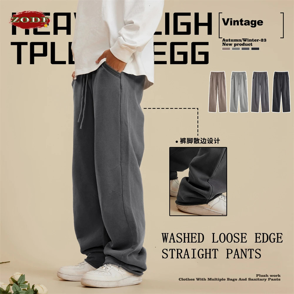 ZODF Men Washed 380gsm Cotton Pants Unisex High Street Oversized Loose Edge Straight Knitted Trousers Streetwear HY0608 240806